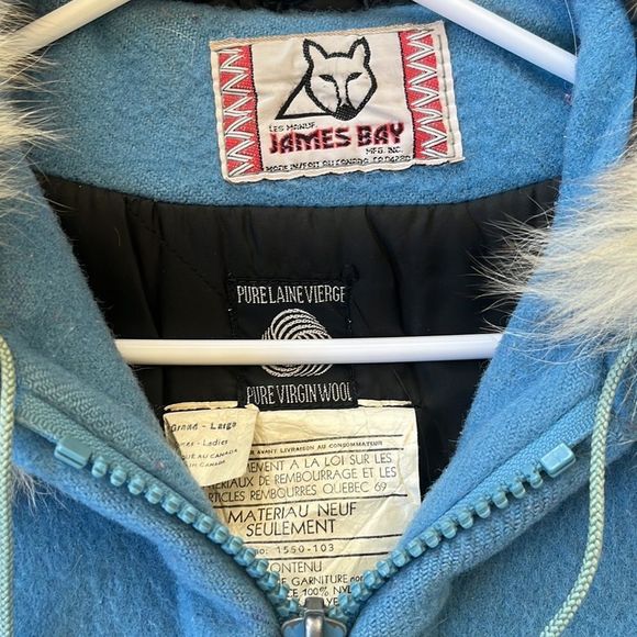 Vintage James Bay Fur Trim Hood Dog Sled Theme Wool Coat Blue Parks - Picture 4 of 14